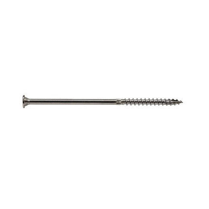 8" SDWS Timber Screw, Stainless Steel, side view; SDWS Screw, Star Drive, View of head with stamp; 8" SDWS Timber Screw, Digital rendering showing the thread pattern 