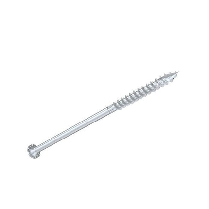 8" SDWS Timber Screw, Stainless Steel, side view; SDWS Screw, Star Drive, View of head with stamp; 8" SDWS Timber Screw, Digital rendering showing the thread pattern 