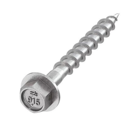 Strong Drive SD Connector Screw, 1-1/2", 100 pc Box, 316SS; Strong-Drive SD Connector Screw, 1-1/2", 316 Stainless Steel; SD Connector Screw, 1-1/2" Screw, front view with head stamp visible; Installation photo using the 1-1/2" SD Connector screw with the H2.5ASS Hurricane Tie.  Install is on a beachfront, coastal property.  Stainless Steel will offer corrosion protection in this environment.