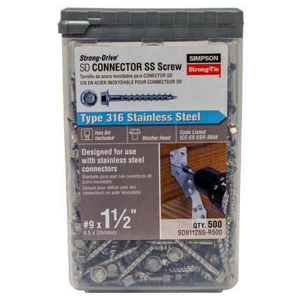 Strong Drive SD Connector Screw,  1-1/2" Screw, 500 pc package, 316SS; Strong-Drive SD Connector Screw, 1-1/2", 316 Stainless Steel; Installation photo using the 1-1/2" SD Connector screw with the H2.5ASS Hurricane Tie.  Install is on a beachfront, coastal property.  Stainless Steel will offer corrosion protection in this environment.