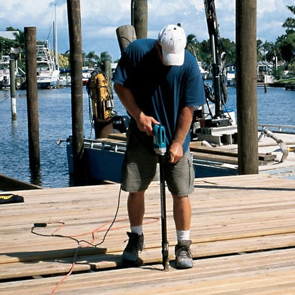 Using the SSDTH collated stainless steel trim screw to install new boards on a wooden dock; Line drawing of the SSDTH stainless steel trim screw.  Square drive, box threading