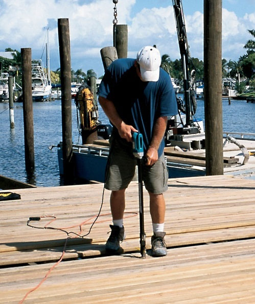 Using the SSDTH collated stainless steel trim screw to install new boards on a wooden dock; Line drawing of the SSDTH stainless steel trim screw.  Square drive, box threading