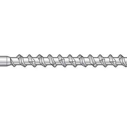Using the SSDTH collated stainless steel trim screw to install new boards on a wooden dock; Line drawing of the SSDTH stainless steel trim screw.  Square drive, box threading