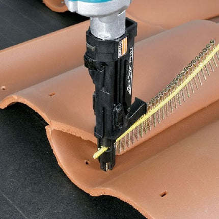 SSWSCB stainless steel collated roofing tile screw.  Screw shown individually to see screw details.  Square drive, bugle head, course threaded, type 17 point; SSWSCB collated roofing tile screws being installed with Quik Drive Tool