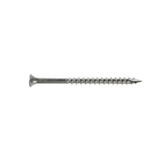 Stainless Steel Bugle Screw with Square Drive;  Square drive bugle head screw being installed into a deck board.  Installed screw square drives are visible and 2 screws lay on top of the deck displaying it's drive, head, threading and point.; Bugle Head Screws, stainless steel, being installed into a wood deck outdoors.  Screws on display on deck showing screw drive, head, threading and point.