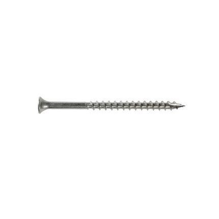 Stainless Steel Bugle Screw with Square Drive;  Square drive bugle head screw being installed into a deck board.  Installed screw square drives are visible and 2 screws lay on top of the deck displaying it's drive, head, threading and point.; Bugle Head Screws, stainless steel, being installed into a wood deck outdoors.  Screws on display on deck showing screw drive, head, threading and point.