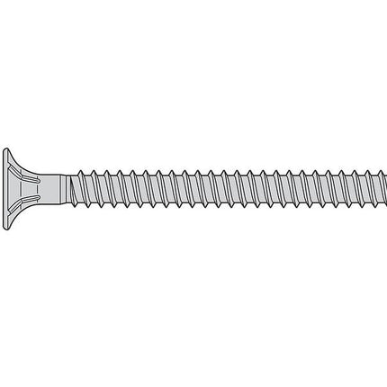 Self-Drilling Fiber Cement Screw, Stainless Steel line drawing.  Screw has a square drive, #3 drill point, wafer head and self countersinking nibs under the head; Installing self-drilling fiber cement screws