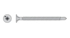 Self-Drilling Fiber Cement Screw, Stainless Steel line drawing.  Screw has a square drive, #3 drill point, wafer head and self countersinking nibs under the head; Installing self-drilling fiber cement screws