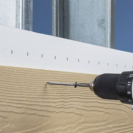 Self-Drilling Fiber Cement Screw, Stainless Steel line drawing.  Screw has a square drive, #3 drill point, wafer head and self countersinking nibs under the head; Installing self-drilling fiber cement screws