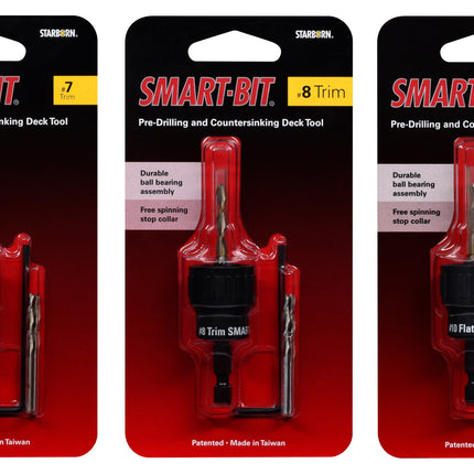 Smart Bit Combo Pack,  #7 Trim Smart-Bit, #8 Trim Smart Bit, #10 Flat Smart Bit.  3 Tools total; Smart-Bit out of package on deck with replacement bits