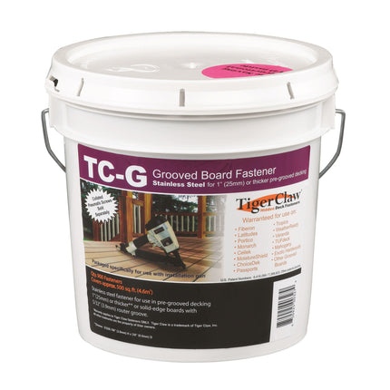 TC-G Grooved Board Fastener, 900pc pail for 500 sq ft; TC-G Hidden Fastener, clip for 3/16" gap spacing