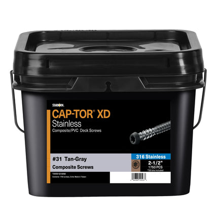 Cap-Tor xd Composite Deck Screws, 10 x 2-1/2" 1750pcs, 316SS, #31 Tan Gray