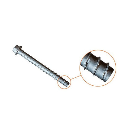 Titen HD Heavy-Duty Screw Anchor, Stainless Steel; Titen HD photo featuring the carbon-steel thread at the end of the screw.  This thread cuts the concrete while limiting the amount of carbon-steel in the anchor