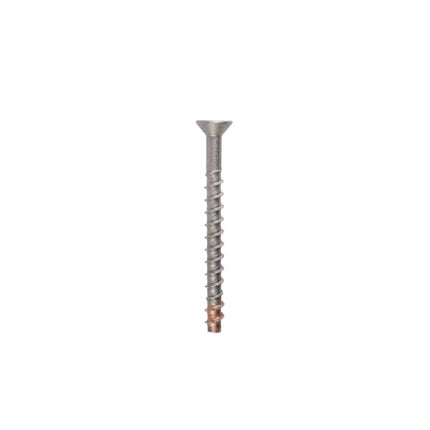 Titen HD Countersunk Head, Heavy-Duty Screw Anchor Stainless Steel; Titen HD Countersunk Head, Head dimensions.  The 1/4" screw has a 5/8" head diameter, the 3/8" screw has a 3/4" head diameter; Titen HD Countersunk screw anchor being installed with a Bosch screw gun