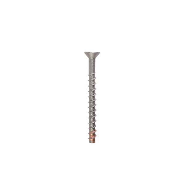 Titen HD Countersunk Head, Heavy-Duty Screw Anchor Stainless Steel; Titen HD Countersunk Head, Head dimensions.  The 1/4" screw has a 5/8" head diameter, the 3/8" screw has a 3/4" head diameter; Titen HD Countersunk screw anchor being installed with a Bosch screw gun