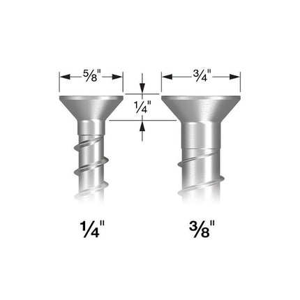 Titen HD Countersunk Head, Heavy-Duty Screw Anchor Stainless Steel; Titen HD Countersunk Head, Head dimensions.  The 1/4" screw has a 5/8" head diameter, the 3/8" screw has a 3/4" head diameter; Titen HD Countersunk screw anchor being installed with a Bosch screw gun