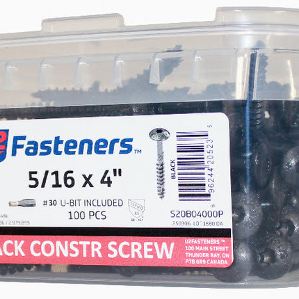 U2 Fasteners 5/16 x 4" Black Construction Screws, 100pc Box.  Box is clear allowing the viewer to see the screws within the box