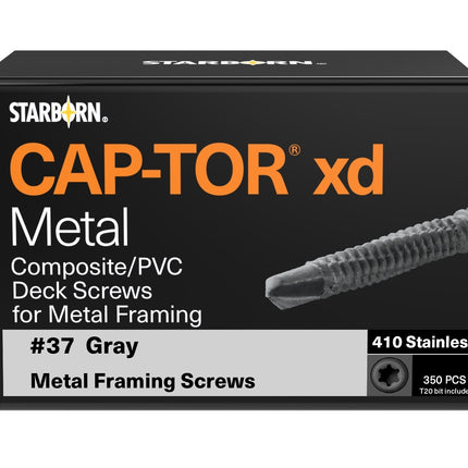 Cap-Tor xd Metal Composite/PVC Deck Screws for Metal Framing product packaging.  350pc box. Color is 3#37 Gray