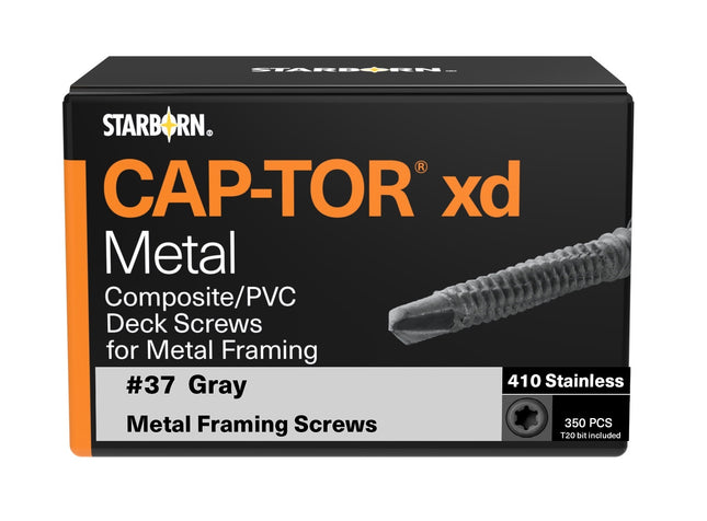 Cap-Tor xd Metal Composite/PVC Deck Screws for Metal Framing product packaging.  350pc box. Color is 3#37 Gray