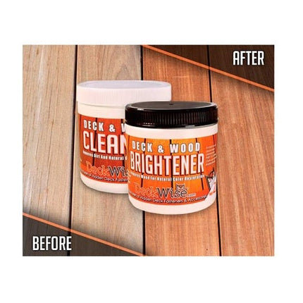 Deckwise Deck and Wood Cleaner and Brightener.  2 part system cleans dirt and mold from wood and balances ph and readies wood for finishing stain/oil.  16 oz cleaner and 16 oz brightener.  Clean up to 600 sq ft.