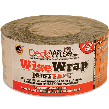 Deckwise WiseWrap Joist Tape.  Self-Adhesive waterproof deck flashing barrier and self-sealing membrance.  Prevent wood rot.  Protect and maximize the life of your deck. 3" x 75' Roll  Made in the USA