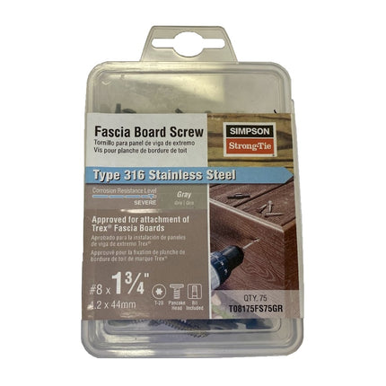 Fascia Board Screws, #8 x 1-3/4", Gray, 75pcs, 316 Stainless Steel