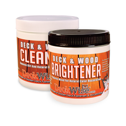 Deckwise Deck and Wood Cleaner and Brightener.  2 part system cleans dirt and mold from wood and balances ph and readies wood for finishing stain/oil.  16 oz cleaner and 16 oz brightener.  Clean up to 600 sq ft.