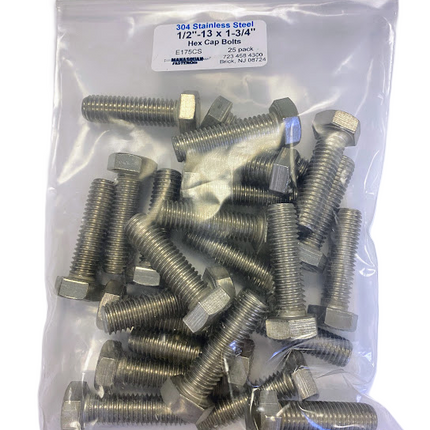 1/2"-13 x 1-3/4" Hex Cap Bolts, 304SS, 25pcs