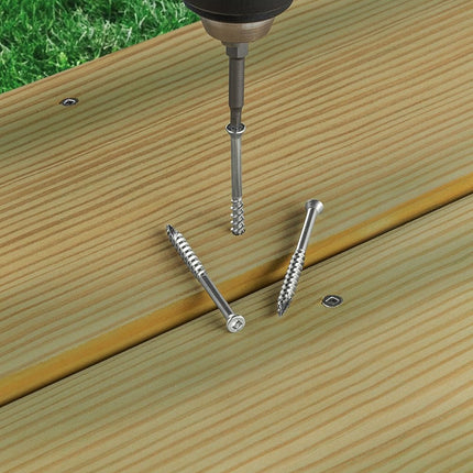 Stainless Steel Trim Screw with Sq Drive.  Fine line art view.; Deck install with stainless steel trim screws with square drive; Stainless Steel trim screws.  Square drive visible.  Shank threaded 2/3" of the way up the shank.