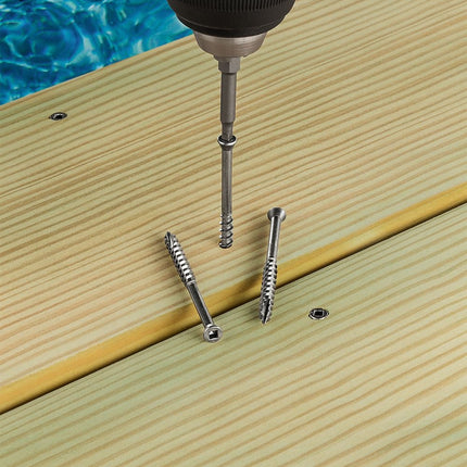 Stainless Steel Trim Screw with Sq Drive.  Fine line art view.; Poolside Deck install with stainless steel trim screws with square drive.  Use type 316 Stainless Steel in corrosive environments where chemicals or salt water are present.; Stainless Steel trim screws.  Square drive visible.  Shank threaded 2/3" of the way up the shank.