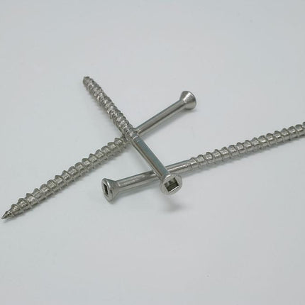 Stainless Steel Trim Screw with Sq Drive.  Fine line art view.; Deck install with stainless steel trim screws with square drive; Stainless Steel trim screws.  Square drive visible.  Shank threaded 2/3" of the way up the shank.